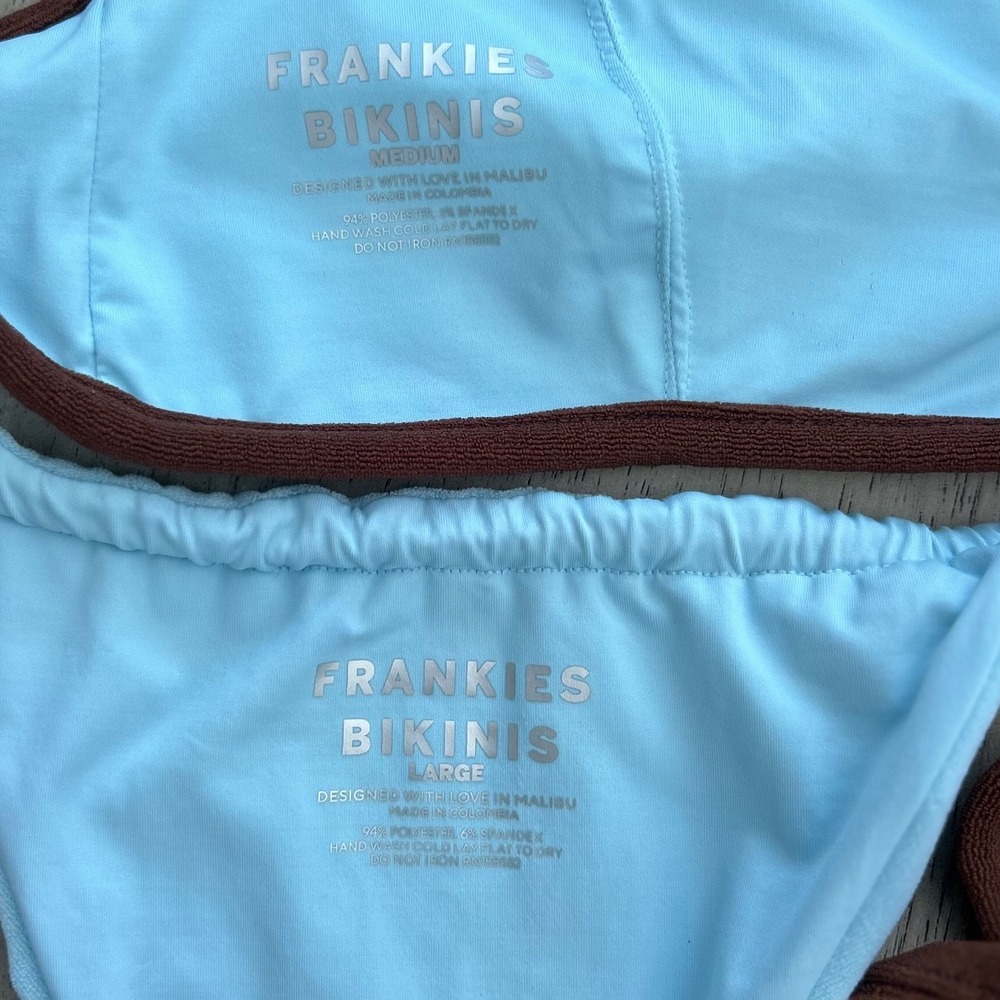 Frankies Bikinis Blue Terry Cloth Two Piece Set Brown Trim Top M Bottom L - Picture 2 of 6